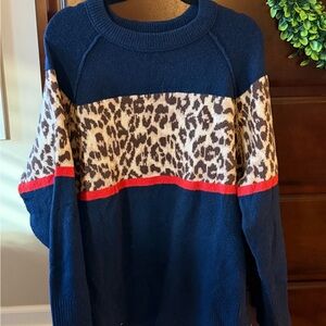 aerie Navy Sweater with Leopard Trim and Red Accent